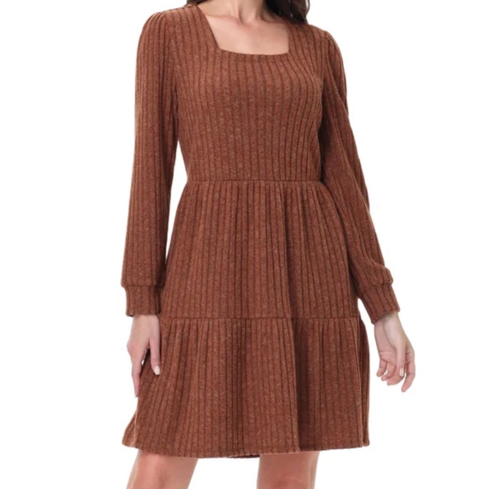 Frye Ribbed Square-Neck Tiered Dress in Rust Brown